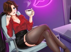 Rule 34 | 1girl, aqua eyes, black skirt, blue eyes, breasts, brown hair, brown thighhighs, chair, cleavage, coffee cup, collared shirt, crossed legs, cup, desk, disposable cup, dutch angle, earrings, fap ceo, garter straps, hair over one eye, hoop earrings, hot, indoors, jewelry, looking at viewer, pencil skirt, red shirt, rose (fap ceo), shirt, sitting, skirt, small breasts, smile, solo, thighhighs, zettai ryouiki