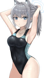 Rule 34 | 1girl, absurdres, animal ear fluff, animal ears, black one-piece swimsuit, blue archive, blue eyes, breasts, collarbone, competition swimsuit, covered navel, cowboy shot, cross hair ornament, extra ears, grey hair, hair ornament, halo, highres, looking at viewer, low ponytail, medium breasts, medium hair, mismatched pupils, multicolored clothes, multicolored swimsuit, one-piece swimsuit, ruruo, shiroko (blue archive), shiroko (swimsuit) (blue archive), solo, standing, swimsuit, white background, wolf ears