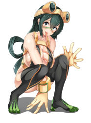 Rule 34 | 10s, 1girl, :&gt;, absurdres, ass, asui tsuyu, bad id, bad pixiv id, bare shoulders, belt, black hair, blush, boku no hero academia, boots, breasts, cleavage, collarbone, frog girl, gloves, goggles, green eyes, green hair, hair rings, highres, large breasts, lips, long hair, long tongue, looking at viewer, mask, revealing clothes, solo, suigetsu (hjs1106), thigh boots, thighhighs, tongue, tongue out