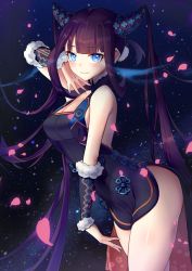 Rule 34 | 1girl, bare shoulders, black dress, blue background, blue eyes, blunt bangs, blush, breasts, chariot.f, china dress, chinese clothes, cleavage, closed mouth, detached sleeves, dress, fate/grand order, fate (series), gradient background, hair ornament, long hair, looking at viewer, medium breasts, petals, purple hair, revision, smile, solo, thighs, twintails, very long hair, yang guifei (fate), yang guifei (second ascension) (fate)