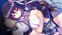 Rule 34 | 1girl, blush, grabbing another&#039;s breast, breasts, cleavage, game cg, grabbing, highres, kamura masaki, kino (kino konomi), kino konomi, konomi (kino konomi), large breasts, legs, long hair, looking away, open clothes, ponytail, purple hair, red eyes, school uniform, shirogane x spirits, sitting, sitting on person, skirt, sweatdrop, thighs