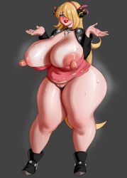 Rule 34 | 1girl, absurdres, alternate eye color, black background, black footwear, black jacket, blonde hair, blue eyes, blush, boots, breasts, cleavage, cosplay, covered navel, creatures (company), cynthia (pokemon), dress, female pubic hair, full body, game freak, hair ornament, hair over one eye, highres, huge breasts, jacket, jiuukek, leather, leather jacket, long hair, looking at viewer, marnie (pokemon) (cosplay), nintendo, nipple slip, nipples, plump, pokemon, pokemon dppt, pokemon swsh, pubic hair, pussy, pussy peek, red lips, revealing clothes, short dress, simple background, solo, standing, stomach, sweat, thick thighs, thighs, undersized clothes, wide hips