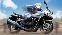 Rule 34 | 1girl, belt boots, blue footwear, blurry, blurry background, boots, closed mouth, commission, copyright request, driving, from side, gloves, green eyes, grey gloves, grey hair, grey jacket, grey pants, hair ornament, ishii hisao, jacket, motion blur, motor vehicle, motorcycle, necktie, pants, red necktie, riding, skeb commission, smile, solo, star (symbol), star hair ornament, vehicle focus, virtual youtuber