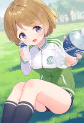 Rule 34 | 1girl, artist name, artist request, bare legs, black legwear, blue legwear, blue shorts, blue sky, blush, bottle, branch, breasts, brown hair, close-up, clothes writing, cloud, day, female focus, green jacket, hair between eyes, highres, holding, holding bottle, jacket, koizumi hanayo, long sleeves, looking at viewer, love live!, love live! school idol festival, love live! school idol project, medium breasts, outdoors, parted lips, purple eyes, short hair, short shorts, shorts, sitting, sky, smile, solo, star (symbol), star print, track jacket, tree, water bottle, zipper, zipper pull tab