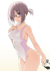 Rule 34 | 1girl, alternate costume, armpit peek, breasts, commentary request, competition swimsuit, cowboy shot, fate/grand order, fate (series), glasses, goggles, unworn goggles, hair over one eye, hands on own chest, highleg, highleg swimsuit, holding, holding goggles, light purple hair, looking at viewer, low ponytail, mash kyrielight, medium breasts, namonashi, one-piece swimsuit, purple eyes, short hair, simple background, solo, swimsuit, white background, white one-piece swimsuit