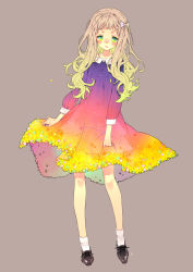 Rule 34 | 1girl, bare legs, blonde hair, blush, bobby socks, bow, brown background, dress, full body, gradient dress, gradient hair, green eyes, hair bow, hair ornament, long hair, long sleeves, looking at viewer, multicolored hair, open mouth, original, petticoat, see-through, shoes, side ponytail, simple background, skirt hold, socks, solo, star (symbol), star print, toujou sakana