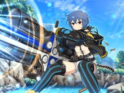 Rule 34 | amane (senran kagura), blue hair, breasts, gun, hairpin, jacket, large breasts, leather, leather jacket, midriff, multiple hairpins, navel, official art, red eyes, senran kagura, senran kagura new link, short hair, shorts, striped clothes, striped thighhighs, thighhighs, vertical-striped clothes, vertical-striped thighhighs, weapon