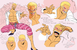 Rule 34 | 1boy, absurdres, blonde hair, closed mouth, coat, commentary, cropped shoulders, cropped torso, donquixote doflamingo, english commentary, english text, feather coat, grin, highres, inkiedraws, leg hair, licking lips, male focus, multiple views, muscular, muscular male, one piece, open clothes, open mouth, pink coat, shirt, short hair, sketch, smile, sunglasses, teeth, tongue, tongue out, white shirt