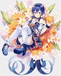 Rule 34 | 10s, 1girl, bare shoulders, blue hair, blush, boots, bouquet, bow, choker, convenient leg, detached sleeves, dress, flower, frilled sleeves, frills, hair between eyes, hair bow, hair flower, hair ornament, hair ribbon, hairband, hand on own knee, happy birthday, high heel boots, high heels, highres, long hair, looking at viewer, love live!, love live! school idol festival, love live! school idol project, lying, nonono (nononotea), nononon, on back, ribbon, ribbon-trimmed sleeves, ribbon trim, smile, solo, sonoda umi, thighhighs, yellow eyes