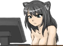 Rule 34 | 1girl, animal ears, animated, animated gif, artist request, black hair, blinking, blush, breasts, casual nudity, cat ears, cleavage, computer, convenient censoring, female focus, large breasts, long hair, looking at viewer, lowres, meme, monitor, nude, original, out-of-frame censoring, solo