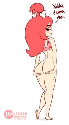 Rule 34 | 1girl, 2020, animated, animated gif, ass, bare shoulders, barefoot, black eyes, blinking, blush, bone in hair, bottomless, cleft of venus, dated, diives, english text, from behind, full body, hair ornament, highres, legs, long hair, long legs, looking at viewer, looking back, pebbles flintstone, ponytail, presenting, pussy, red hair, simple background, smile, solo, spread ass, standing, the flintstones, thighs, uncensored, white background