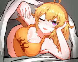 Rule 34 | 1girl, ahoge, arm support, bare arms, bed, bed sheet, blanket, blonde hair, blush, breasts, cleavage, collarbone, emblem, facing viewer, hand on own head, hand up, happy, head rest, image sample, indoors, large breasts, long hair, looking at viewer, lying, midriff, navel, ndgd, on bed, on side, one eye closed, open mouth, orange shirt, orange tank top, pants, presenting, purple eyes, rwby, shirt, smile, solo, stomach, tank top, under covers, upper body, wavy hair, wink, yang xiao long