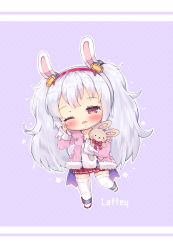Rule 34 | 1girl, animal ears, azur lane, bad id, bad pixiv id, blush, camisole, character name, chibi, collarbone, commentary request, diagonal stripes, fang, foreign blue, full body, fur-trimmed jacket, fur trim, hair ornament, hairband, jacket, korean commentary, laffey (azur lane), long hair, long sleeves, hugging object, one eye closed, open clothes, open jacket, parted lips, pink jacket, pleated skirt, purple background, rabbit ears, red eyes, red footwear, red hairband, red skirt, silver hair, simple background, skirt, sleeves past wrists, solo, standing, standing on one leg, striped, striped background, stuffed animal, stuffed rabbit, stuffed toy, tears, thighhighs, twintails, very long hair, white camisole, white thighhighs