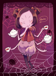 Rule 34 | 1girl, arthropod girl, black legwear, blush, bug, closed eyes, colored skin, covering own mouth, extra arms, extra eyes, fangs, hand over own mouth, high heels, insect girl, monster girl, muffet, purple skin, short twintails, solo, spider, spider girl, tea, twintails, two side up, undertale