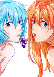 Rule 34 | 2girls, absurdres, ayanami rei, blue eyes, blue hair, fcc (fengcheche), food, fruit, grapes, highres, long hair, looking at viewer, mouth hold, multiple girls, neon genesis evangelion, orange hair, red eyes, short hair, souryuu asuka langley, tongue, tongue out