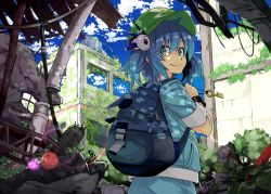 Rule 34 | 1girl, backpack, bag, blue eyes, blue hair, building, hat, irue, kawashiro nitori, key, lens flare, matching hair/eyes, moss, overgrown, ruins, short hair, skirt, smile, solo, touhou, twintails, two side up