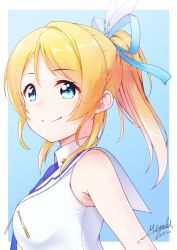 Rule 34 | 1girl, artist name, ayase eli, birthday, blonde hair, blue background, blue eyes, breasts, commentary request, dated, feather hair ornament, feathers, hair ornament, hair ribbon, haruna miyabi, highres, long hair, love live!, love live! school idol project, medium breasts, ponytail, ribbon, signature, sleeveless, smile, solo, wonderful rush