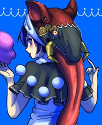 Rule 34 | 1girl, :p, animal head, baku, blue eyes, blue hair, capelet, commentary request, doremy sweet, dream soul, fur collar, hat, highres, howhow notei, pom pom (clothes), short hair, simple background, solo, tongue, tongue out, touhou