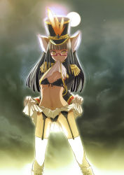 Rule 34 | 1girl, animal ears, band uniform, black bra, black hair, black panties, blunt bangs, boots, bra, clothes lift, cross-laced footwear, epaulettes, eyebrows, garter straps, glasses, gloves, hat, lace, lace-trimmed bra, lace-up boots, lace panties, lace trim, legs apart, lifted by self, lingerie, long hair, long sleeves, midriff, mouth hold, navel, okazuwa shake, original, panties, pleated skirt, red-framed eyewear, semi-rimless eyewear, shirt lift, skirt, skirt lift, solo, straight hair, thighhighs, top hat, under-rim eyewear, underwear, uniform, white footwear, white gloves, white skirt, white thighhighs, yellow eyes