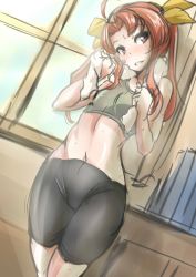Rule 34 | 10s, 1girl, ayuayu (shouyu no sato), bike shorts, brown eyes, flat chest, hip focus, kagerou (kancolle), kantai collection, long hair, looking at viewer, navel, red hair, smell, smile, solo, sweat, tank top