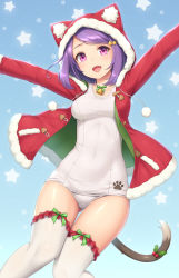 Rule 34 | 1girl, :d, animal hood, bell, blush, cat hood, cat tail, christmas, drawstring, female focus, gluteal fold, hair ornament, hood, hooded jacket, jacket, looking at viewer, one-piece swimsuit, open mouth, original, outstretched arms, paw print, pink eyes, pom pom (clothes), purple hair, sasaame, school swimsuit, smile, solo, star (symbol), star hair ornament, starry background, swimsuit, swimsuit under clothes, tail, tail ornament, thighhighs, white school swimsuit, white one-piece swimsuit, white thighhighs