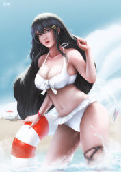Rule 34 | 1girl, absurdres, bangle, bare shoulders, beach, beach umbrella, bikini, black hair, blue sky, blush, bracelet, breasts, brown eyes, chair, cloud, collarbone, day, echt, front-tie top, groin, hair between eyes, hair ornament, hairband, hairclip, hand up, haruna (kancolle), highres, holding, holding swim ring, innertube, jewelry, kantai collection, large breasts, long hair, looking at viewer, lounge chair, navel, ocean, open mouth, outdoors, sand, sand castle, sand sculpture, signature, skindentation, sky, smile, solo, splashing, stomach, swim ring, swimsuit, thigh strap, thighs, umbrella, waves, white bikini