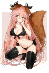 Rule 34 | 1girl, absurdres, animal ears, bare arms, bare shoulders, bikini, black bikini, black ribbon, black thighhighs, blush, breasts, brown background, brown eyes, cleavage, collarbone, commentary request, fang, fate/extra, fate (series), fox ears, fox girl, fox tail, front-tie bikini top, front-tie top, full body, groin, hair between eyes, hair ribbon, hand on own face, hand up, highres, large breasts, long hair, looking at viewer, navel, no shoes, on one knee, parted lips, pink hair, ribbon, side-tie bikini bottom, silver (chenwen), skindentation, solo, swimsuit, tail, tail raised, tamamo (fate), tamamo no mae (fate/extra), thighhighs, two-tone background, very long hair, white background
