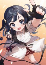 Rule 34 | 1girl, absurdres, black gloves, black hair, blush, breasts, cable, commentary, fingerless gloves, from above, gloves, grey eyes, highres, holding, holding microphone, kyaku tasu, long hair, looking at viewer, looking up, love live!, love live! nijigasaki high school idol club, medium breasts, microphone, one side up, pointing, pointing up, signature, smile, solo, yuki setsuna (love live!)