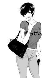 Rule 34 | 1girl, bag, blush, bracelet, breasts, casual, cellphone, clothes writing, commentary, cowboy shot, denim, english commentary, greyscale, handbag, highres, holding, holding phone, jeans, jewelry, looking at viewer, medium breasts, midriff, monochrome, norman maggot, olive laurentia, open mouth, original, pants, phone, pixie cut, shirt, short hair, simple background, solo, standing, t-shirt, white background