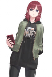 Rule 34 | 1girl, black hoodie, black pants, cellphone, collarbone, commentary, dutch angle, english commentary, green jacket, hand in pocket, holding, holding phone, hood, hood down, hoodie, jacket, looking at viewer, love live!, love live! school idol project, medium hair, nishikino maki, pants, parted lips, phone, print hoodie, purple eyes, red hair, s sho mkrn, smartphone, solo, standing, upper body, white background