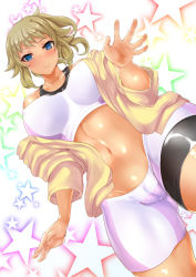 Rule 34 | 10s, 1girl, bad id, bad pixiv id, bike shorts, blonde hair, breasts, cameltoe, gundam, gundam build fighters, gundam build fighters try, highres, hoshino fumina, jacket, large breasts, looking at viewer, looking down, poko chin, ponytail, skin tight, smile, solo, star (symbol), starry background, thick thighs, thighs