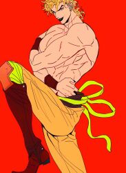 Rule 34 | 1boy, black lips, black nails, blonde hair, boots, dio brando, earrings, evil smile, highres, jewelry, jojo no kimyou na bouken, leg up, long hair, looking at viewer, makeup, male focus, muscular, muscular male, pants, pectorals, red background, shenshan laolin, simple background, smile, solo, stardust crusaders, topless male, wristband, yellow eyes, yellow pants