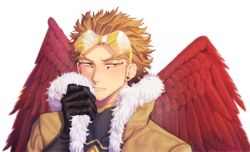 Rule 34 | 1boy, 5cara cara5, beard, black gloves, blonde hair, boku no hero academia, coat, commentary request, earrings, facial hair, feathered wings, feathers, frills, gloves, goatee, goggles, goggles on head, hawks (boku no hero academia), jewelry, male focus, red feathers, red wings, short hair, simple background, spiked hair, stubble, white background, wings, yellow eyes