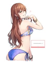 Rule 34 | 1girl, arched back, ass, back, bang dream!, bangle, bare shoulders, bikini, bracelet, brown hair, butt crack, cropped legs, earrings, floral print, green eyes, grin, hair between eyes, heart, highres, holding, holding hair, imai lisa, jewelry, long hair, looking at viewer, looking to the side, marshmallow (site), multicolored bikini, multicolored clothes, side-tie bikini bottom, sidelocks, simple background, smile, solo, sou (kanade 3344), swept bangs, swimsuit, translation request, wet, white background