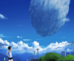 Rule 34 | 1girl, asteroid, black hair, cloud, day, female focus, food, hand on own hip, hip focus, kahadu (kawazu), looking up, mouth hold, nature, original, outdoors, popsicle, power lines, scenery, short hair, sky, solo, sweat
