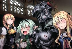 Rule 34 | 1boy, 3girls, = =, armor, ascot, black bow, black vest, blonde hair, blood, blood splatter, blush, bow, braid, character request, closed eyes, closed mouth, full armor, goblin slayer, goblin slayer!, green hair, guild girl (goblin slayer!), hair bow, hair intakes, helmet, high elf archer (goblin slayer!), highres, indoors, kukie-nyan, long hair, multiple girls, open mouth, parted lips, plume, pointy ears, priestess (goblin slayer!), shirt, smile, vest, white shirt, yellow ascot, yellow eyes