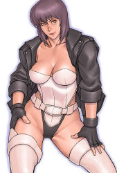 Rule 34 | 1girl, belt, black gloves, black jacket, breasts, breasts apart, cleavage, closed mouth, collarbone, commentary request, contrapposto, cowboy shot, fingerless gloves, ghost in the shell, ghost in the shell stand alone complex, gloves, groin, groin tendon, hair between eyes, hands on own thighs, head tilt, highleg, highleg leotard, hip focus, impossible clothes, impossible leotard, jacket, kusanagi motoko, large breasts, leather, leather jacket, legs apart, leotard, light smile, open clothes, open jacket, outline, purple hair, red eyes, short hair, simple background, smile, solo, standing, strapless, strapless leotard, takasugi kou, thighhighs, thighs, white background, white thighhighs