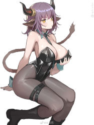 Rule 34 | 1girl, alternate costume, animal ears, arknights, artist name, bare shoulders, between breasts, black footwear, black pantyhose, boots, breasts, cleavage, detached collar, hand on own chest, highres, horns, knee boots, large breasts, leotard, nail polish, necktie, necktie between breasts, pantyhose, playboy bunny, purple hair, short hair, sideroca (arknights), simple background, sitting, solo, sweatdrop, tail, v-shaped eyebrows, weibo watermark, white background, wrist cuffs, wtcolor, yellow eyes