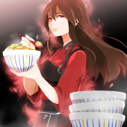 Rule 34 | 10s, 1girl, akagi (kancolle), alternate color, aura, bowl, brown hair, commentary request, dark persona, eating, female focus, food, food on face, from side, grin, kantai collection, long hair, looking at viewer, muneate, nakau, noodles, oyakodon (food), parted lips, red eyes, rice, rice on face, satokichi (kope00), smile, solo, spoon, udon