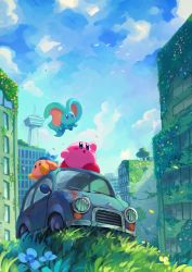 Rule 34 | animal ears, bandana, bandana waddle dee, bird, blush stickers, building, car, cloud, colored skin, day, elfilin, flower, grass, highres, kirby, kirby (series), kirby and the forgotten land, motor vehicle, mouse ears, nintendo, no humans, pink skin, plant, sitting, sky, solid oval eyes, suyasuyabi, tree, twitter username, vines, yellow flower
