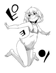 Rule 34 | 10s, 1girl, aono3, barefoot, bikini, breasts, closed mouth, fang, frilled bikini, frills, full body, girls und panzer, greyscale, jumping, katyusha (girls und panzer), looking to the side, monochrome, navel, outstretched arms, short hair, small breasts, smile, solo, spread arms, swimsuit, v-shaped eyebrows