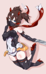 Rule 34 | 1girl, armor, asura ninja, bare shoulders, black thighhighs, blue eyes, breasts, brown hair, covered erect nipples, dagger, elbow gloves, faulds, full body, gloves, gorget, greaves, high heels, highres, horns, jumping, knife, left-handed, leotard, looking at viewer, mask, medium breasts, medium hair, megami device, mouth mask, ninja, ninja mask, puffy nipples, scarf, schopdehollyhotter, short twintails, solo, thighhighs, torn clothes, twintails, weapon, zettai ryouiki