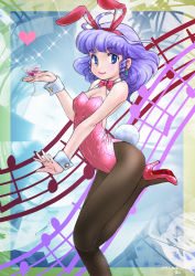 Rule 34 | absurdres, animal ears, beamed eighth notes, black pantyhose, blue eyes, bow, bowtie, creamy mami, cup, detached collar, drinking glass, heart, highres, konoma kazuho, leotard, looking at viewer, magical girl, mahou no tenshi creamy mami, musical note, pantyhose, pink leotard, playboy bunny, purple hair, quarter note, rabbit ears, rabbit tail, red bow, red bowtie, red footwear, short hair, staff (music), standing, standing on one leg, strapless, strapless leotard, tail, wine glass, wrist cuffs