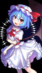 Rule 34 | :d, absurdres, bat wings, black background, blue hair, bow, dress, fang, feet out of frame, frills, hat, highres, medium dress, mob cap, offbeat, open mouth, orange eyes, red bow, red neckwear, remilia scarlet, short hair, smile, solo, touhou, white dress, wings
