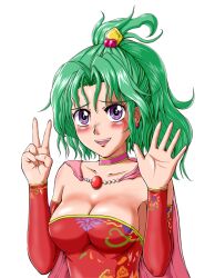 Rule 34 | 1girl, :d, blush, breasts, cape, choker, cleavage, collarbone, detached sleeves, dress, earrings, final fantasy, final fantasy vi, green hair, jewelry, long hair, looking at viewer, matsuba gogatsu, medium breasts, open mouth, ponytail, purple eyes, simple background, smile, solo, tina branford, v, white background