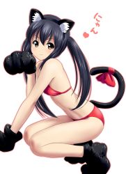 Rule 34 | 1girl, animal ears, animal hands, bikini, black hair, blush, bow, brown eyes, cat ears, cat paws, cat tail, gloves, heart, k-on!, nakano azusa, navel, nyan, paw gloves, paw pose, ponnetsu, solo, swimsuit, tail, tail bow, tail ornament, twintails