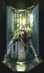 Rule 34 | 1girl, animal ears, arknights, backlighting, black dress, black footwear, closed mouth, day, dress, eugle na, flower, from side, gas mask, hair flower, hair ornament, heavyrain (arknights), heavyrain (tranquil moss) (arknights), high heels, highres, horse ears, indoors, knee up, long hair, long sleeves, looking at viewer, looking to the side, mask, unworn mask, official alternate costume, pantyhose, profile, purple eyes, rose, shield, sideways glance, silver hair, sitting, solo, sunlight, white flower, white pantyhose, white rose, window