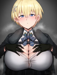 Rule 34 | 1girl, black gloves, black jacket, blonde hair, blue bow, blue bowtie, blue eyes, bow, bowtie, breasts, cleavage, devilukez, girls&#039; frontline, gloves, hair ornament, highres, huge breasts, jacket, large breasts, looking at viewer, mole, mole on breast, mole under eye, short hair, snowflake hair ornament, solo, upper body, vsk-94 (girls&#039; frontline)