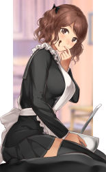 Rule 34 | 1girl, amagami, apron, black sailor collar, black shirt, black skirt, black thighhighs, bowl, breasts, brown eyes, brown hair, chocolate, chocolate on face, commentary request, food, food on face, from side, hair ribbon, highres, ladle, large breasts, looking at viewer, looking to the side, nakata sae, parted lips, pleated skirt, ribbon, sailor collar, school uniform, serafuku, serizawa (serizawaroom), shirt, short hair, short twintails, sitting, skirt, solo, thighhighs, twintails, valentine, wariza, white apron, zettai ryouiki