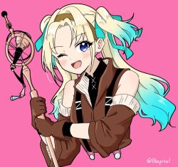 Rule 34 | 1girl, ;d, black outline, black shirt, blonde hair, blue eyes, blue hair, blue ribbon, blush, brown gloves, brown hairband, brown jacket, brown sleeves, commentary, commission, cropped torso, detached sleeves, fang, gloves, gradient hair, hair ribbon, hairband, highres, holding, holding microphone stand, jacket, light blue hair, link! like! love live!, llkapital, long hair, looking at viewer, love live!, microphone stand, multicolored hair, one eye closed, open mouth, osawa rurino, outline, parted bangs, pink background, ribbon, shirt, simple background, skeb commission, sleeveless, sleeveless jacket, smile, solo, suspenders, twintails, twitter username, virtual youtuber